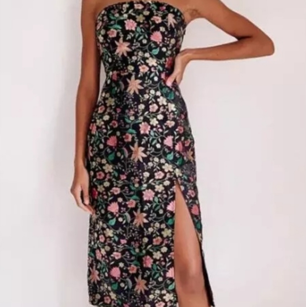 Lulus Make a Move Black Satin Floral Jacquard Strapless Midi Dress NWT Medium